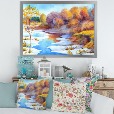 Stream in Winter Forest Valley - Peinture sur toile
