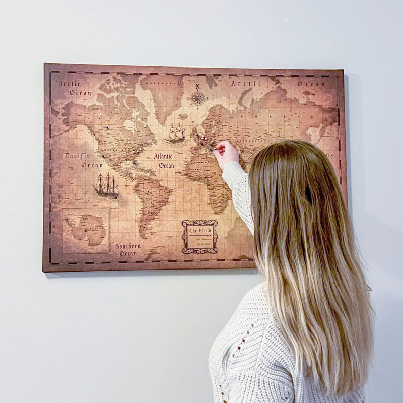 «World Push Pin Travel Destination Map», impression sur toile tendue, L 24 po x H 16 po