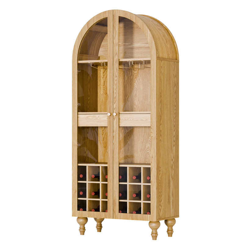 Armoire à vin arquée moderne avec portes en verre, tiroir et support à vin, rangement pour boissons alcoolisées autoportant à 3 niveaux avec poignées dorées, pour la salle à manger ou le salon