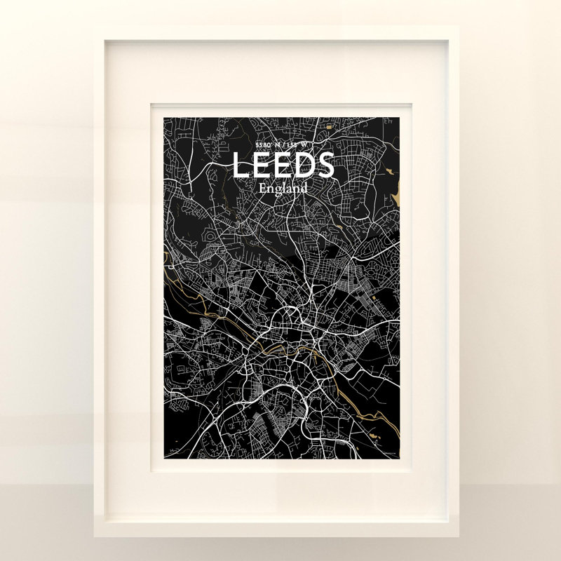 Carte de la ville de Leeds, impression, Noir / or, H 24 po x l 18 po