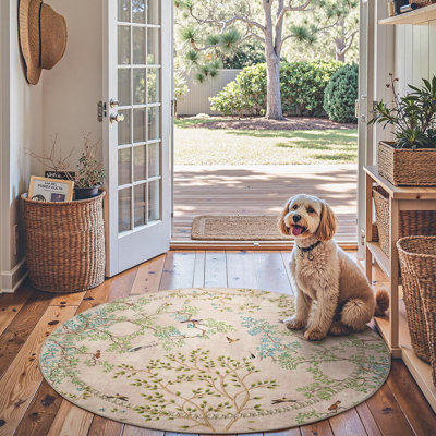 Floral Rug Botanical Birds Print Nature Plants Washable Non-slip Natural Beige/Pink