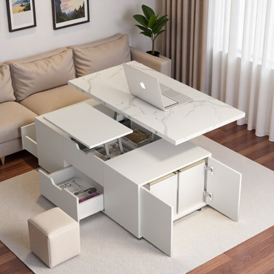 Modern Lift-up Coffee Table With 2 Stools, Hidden Storage, Drawers And Folding Dining Table