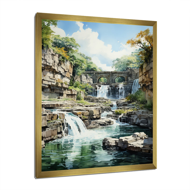 Barrage majestueux, cascade impressionniste - paysage urbain, art mural, H 32 po x l 24 po x P 1 po, Encadrement doré