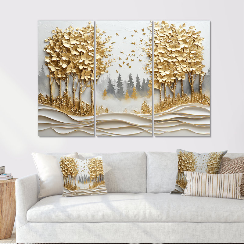 Ensemble de décorations murales pin bleu et or Misty Mountain Mornings IV, Toile tendue, H 28 po x l 36 po x P 1 po