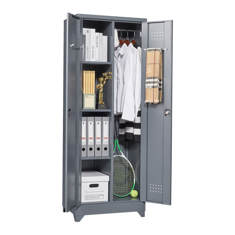 Broom Storage Cabinet With Locking Doors And Shelves, Metal Storage Cabinet With Hanging Rod and S-Hooks, Gray