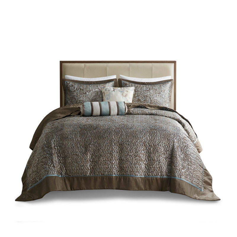 Ensemble de couvre-lit 5 pièces luxueux en jacquard avec coussins décoratifs, Bleu/brun