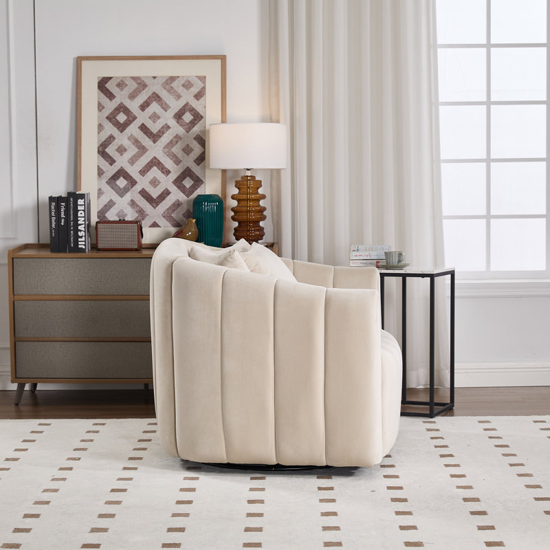 Upholstered Swivel Barrel Armchair, Beige Velvet