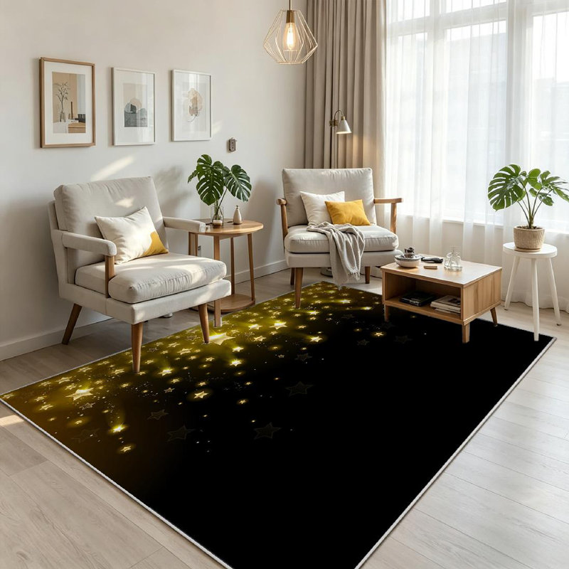 Tapis noir lavable à la machine étoiles étoiles du ciel et étoiles noires, Rectangle 71" x 98"