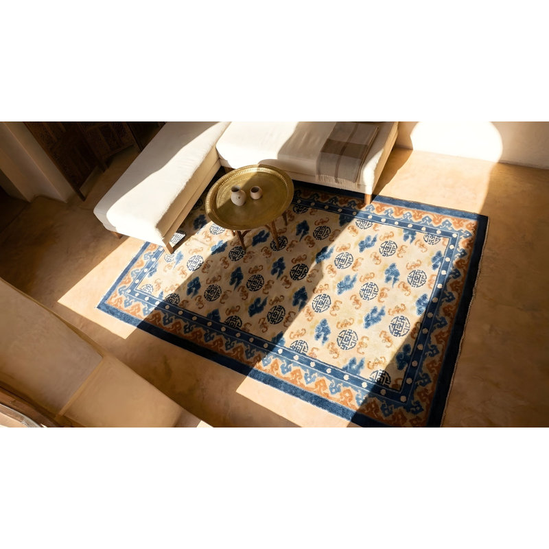 Tapis ivoire antique en laine Kansu