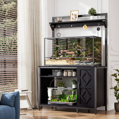Kepptory 40-50 Gallon Diamond Fish Tank Stand With Power Outlet, Heavy Duty Aquarium Cabinet With Display Shelf And 4 Hooks, Suitable For Turtle Tank, Reptile Terrarium For Home Office,Black