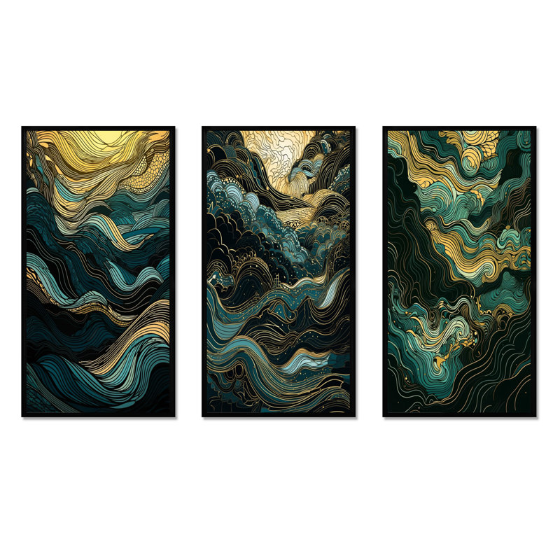 «Green Linear Symphony», 3 pièces sur toile, H 20 po x l 36 po, Cadre flottant noir