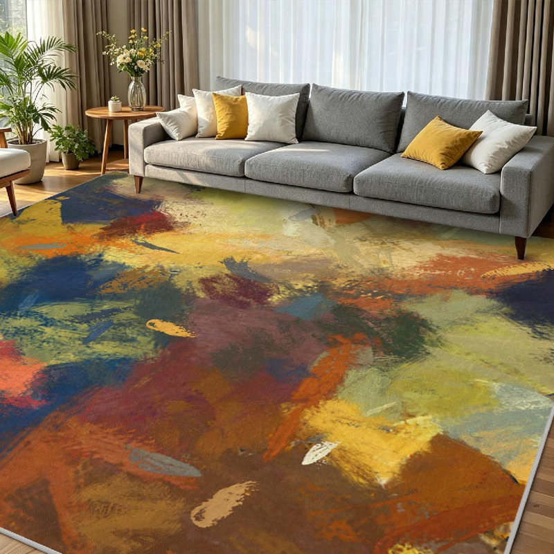 Brown Art Abstract Colors Orange Green Blue Painting Surface Machine Washable Indoor Area Rug, Rectangle 79" x 118"