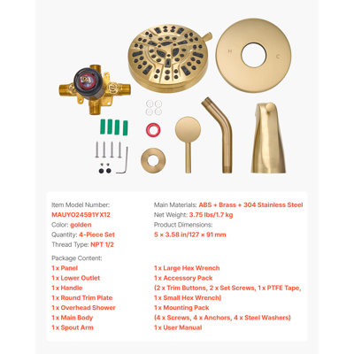 Tub and Shower Faucet Set, Complete with 5-Inch Rainfall Shower Head and Bathtub Spout, 8-Setting Adjustable Spray, Single-Handle Tub Trim Kit with Brass Pressure Balancing Valve, Matte Black