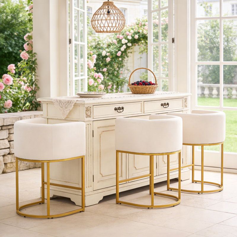 26" Upholstered Metal Barrel Counter Bar Stool, Beige Seat/Gold Frame, 3