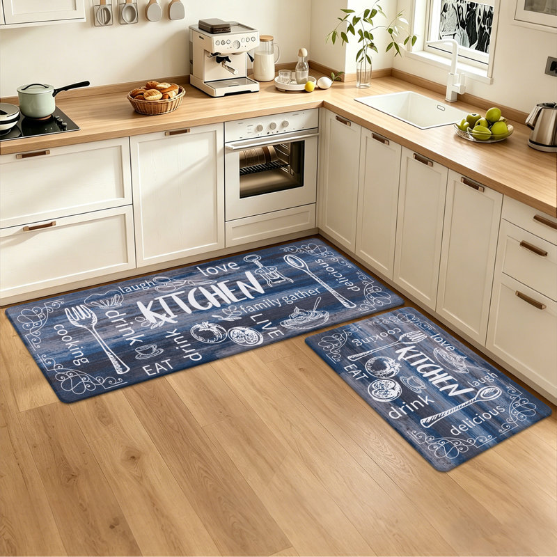 Tapis de cuisine antidérapant et antidérapant (ensemble de 2), Tapis de couloir 18 po x 30 po + 18 po x 48 po, Bleu / Crème