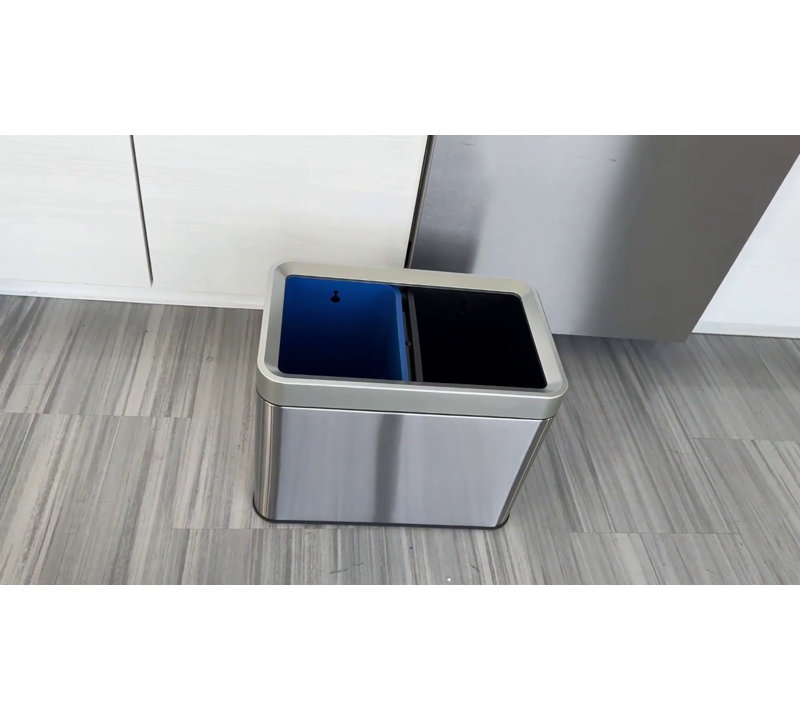Brushed Silver Stainless Steel Dual Compartment Trash and Recycle Bin