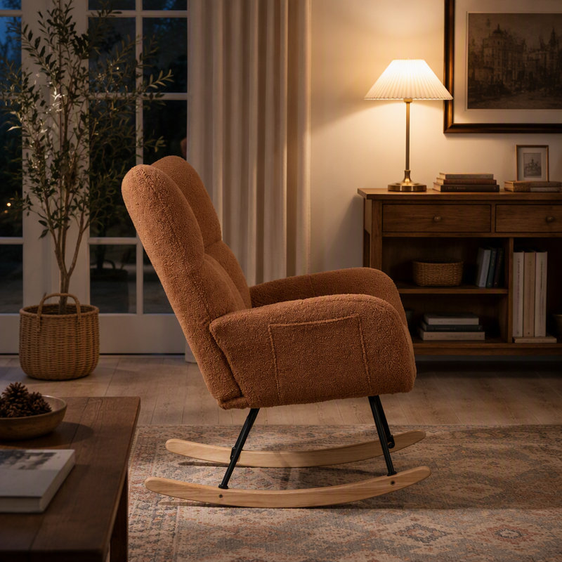 Chaise berçante à bascule à oreilles en tissu peluche confortable avec poche latérale, base en bois massif, fauteuil d'allaitement multifonctionnel pour chambre d'enfant et salon, brun