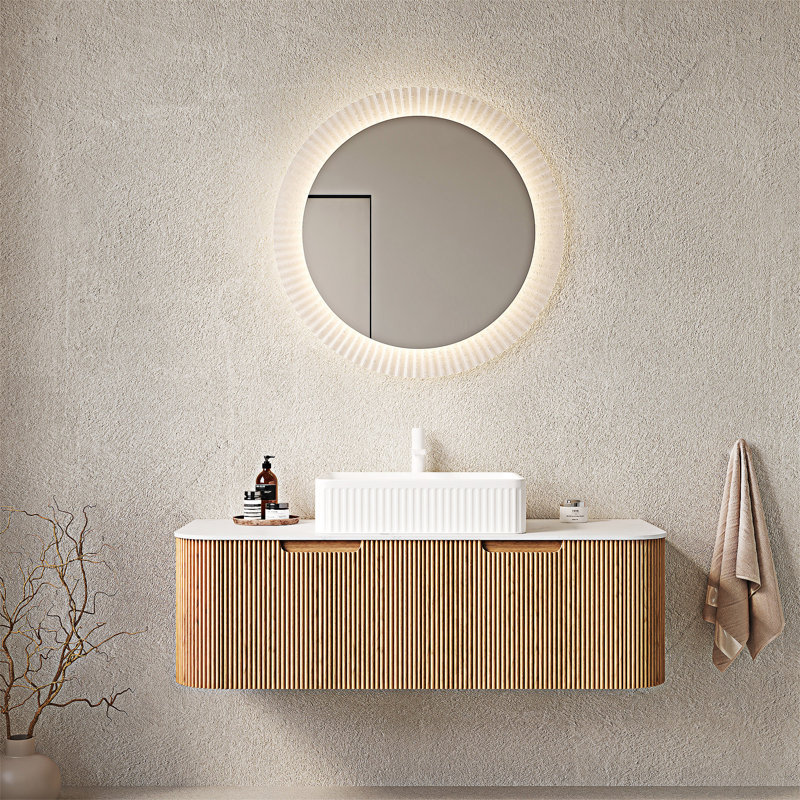 Meuble-lavabo mural flottant avec lavabo, Blanc, Bois naturel