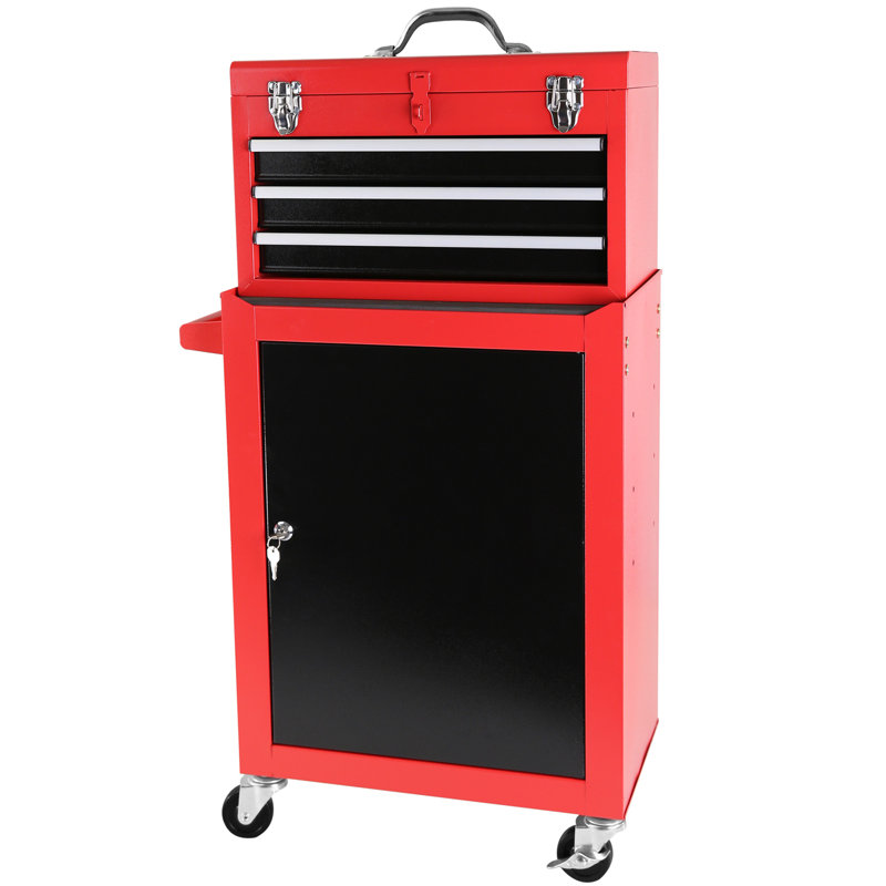 Coffre à outils à 3 tiroirs avec roulettes, coffre à outils avec grande armoire de rangement et tablette réglable, coffre supérieur portable amovible avec coffre à outils pour le garage, l'entrepôt