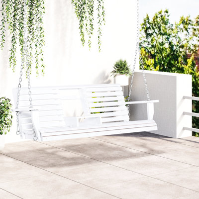 White Porch Swing For 3, With Folding Table, Cup Holders And , 440lbs Capacity, Wood 3 Holders, Coffee Table & Appealing Feature