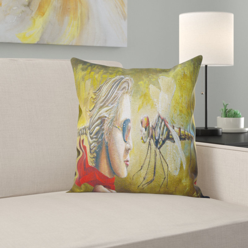 Humain et libellule - Coussin imprimé abstrait, 18 po x 18 po, Coussin décoratif