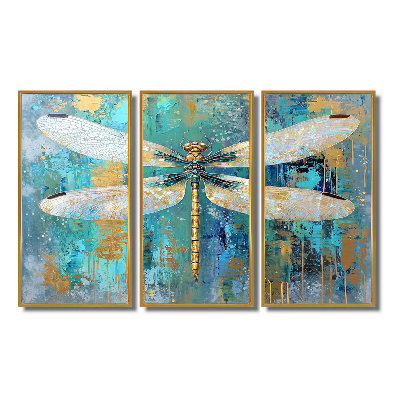 Emerald Dragonfly Iridescent Wings III - ensemble de reproductions d'art mural libellule, H 28 po x l 36 po, Doré