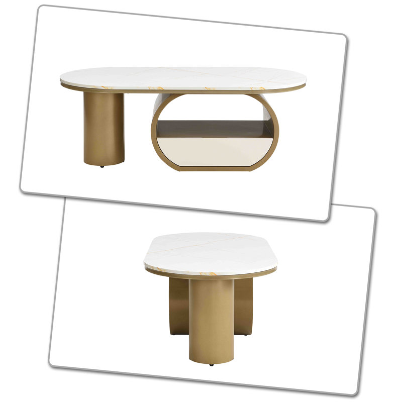Table basse de luxe avec tiroir et base en métal pour le salon, Plateau blanc / base dorée