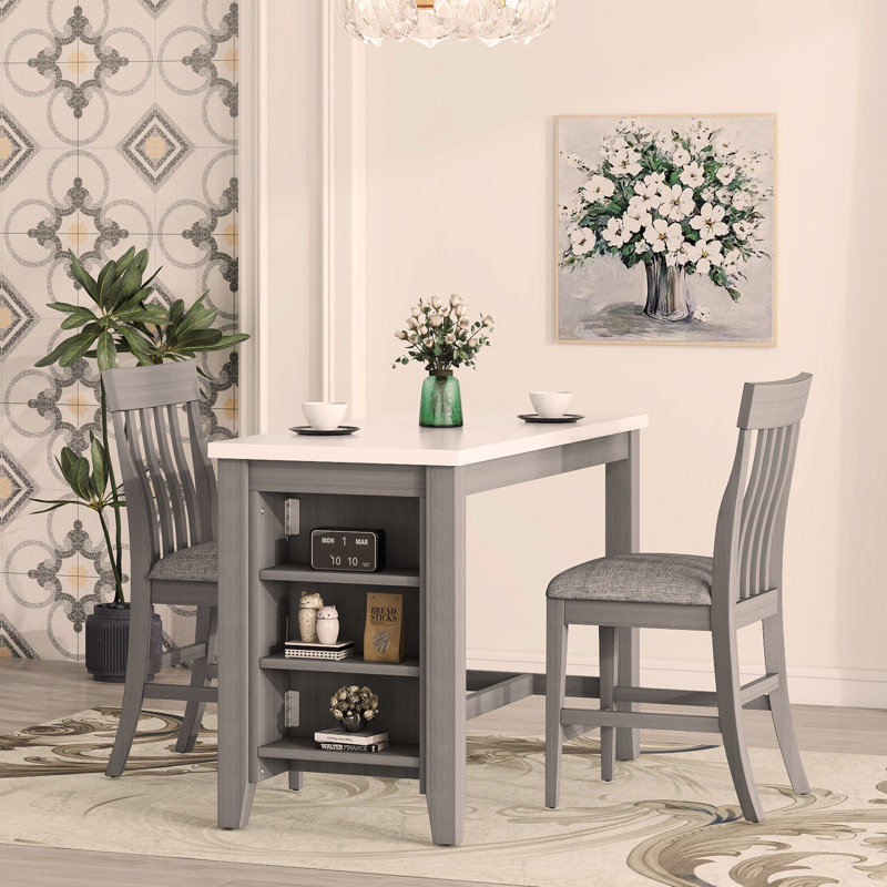 Ensemble de table de salle à manger 3 pièces à hauteur de comptoir avec tablettes de rangement intégrées, une table de salle à manger à plateau en faux marbre et 2 chaises de comptoir