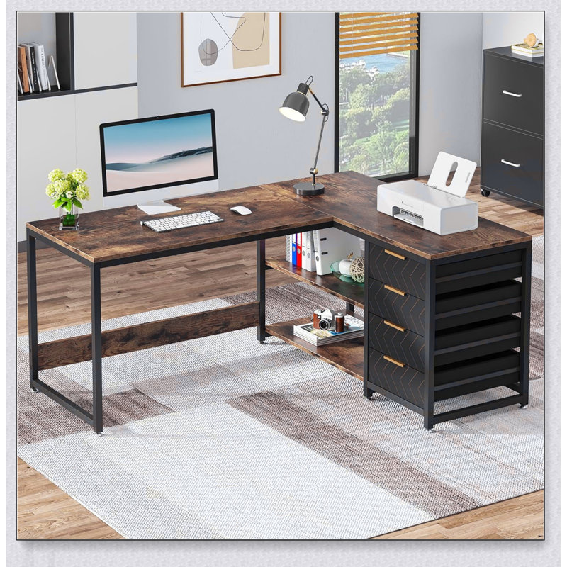 Bureau d'ordinateur en L 59 po avec tiroirs et tablettes de rangement, poste de travail de coin réversible, bureau d'écriture avec classeur