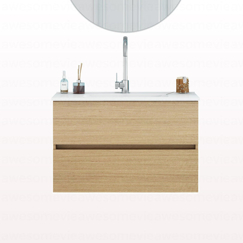 Meuble-lavabo mural de 32 pouces avec deux tiroirs, lavabo à fermeture douce, conception sans poignée, bois massif, facile à installer, le robinet n'est pas inclus, naturel