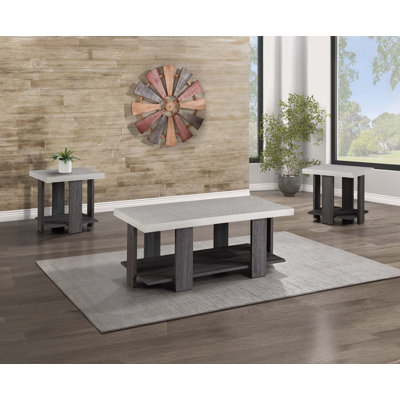 Ensemble de salon gris 3 pièces avec table basse et deux tables de bout assorties