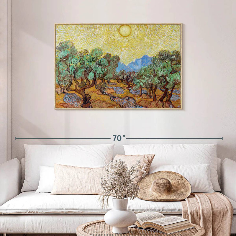 Oliviers avec ciel jaune et soleil, Cadre flottant en bois naturel, 43 po x 29 po