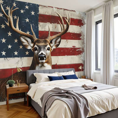 Chasse, papier peint auto-adhésif, cerf, bois de cerf, drapeau américain, Western Woodland, peintures murales, papier peint amovible en PVC, H 100 po x l 144 po, art mural pour homme, chambre à coucher, salon