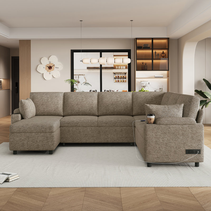 Canapé-lit modulaire en U 109,9 po avec rangement, porte-gobelets et ports de recharge