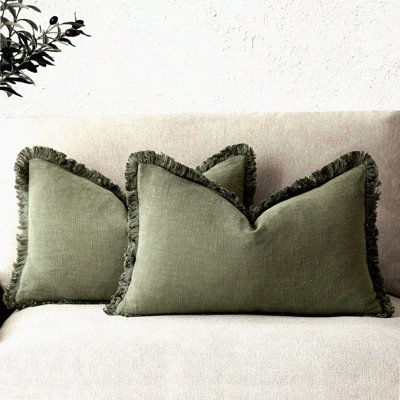 Boho Farmhouse Fringe Lumbar Pillow Covers - Set of 2 Olive Green Decorative Cushion Cover with Tels for Couch Sofa Bed Living Room Home Decor - Soft Accent Pillowcase