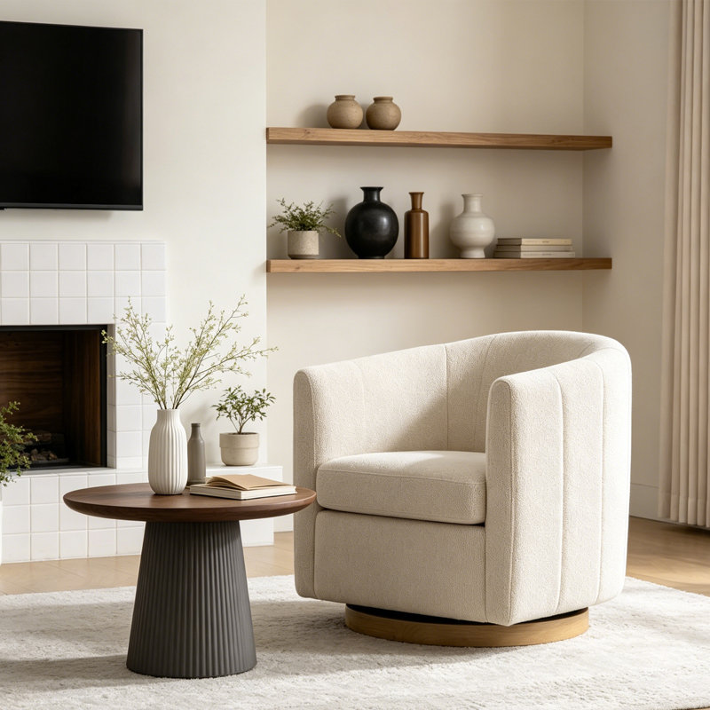 Fauteuil demi-tonneau pivotant en chenille de 31,1 po de largeur avec chenille 31,1 po et base en bois massif, Beige