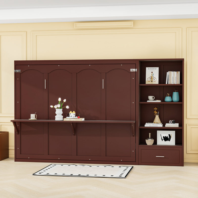 Grand lit escamotable avec rangement réglable, tablette et tiroir - Lit escamotable mural peu encombrant pour petites pièces, noyer