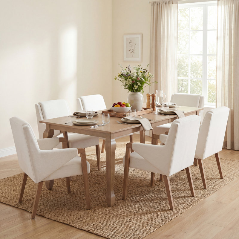 Ensemble de table de salle à manger extensible Akeeyla pour 6 personnes avec chaises rembourrées et pieds en bois d'hévéa
