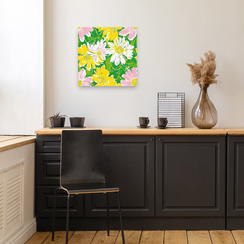 Motif floral vibrant coloré, abstrait, marguerite, art mural nature, H 18 po x l 18 po