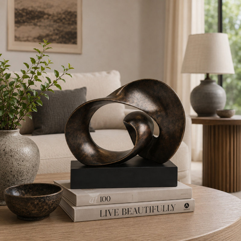 Tabletop Décor, Abstract Loop Sculpture, Plinth Base Bronze Black,11 Inch