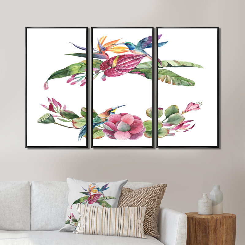 «Spring Bouquet With Pink Flowers III», ensemble de 3 impressions sur toile, Cadre noir, H 28 po x l 36 po x P 1 po