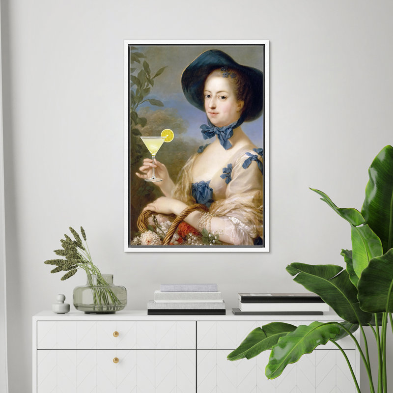 Art mural éclectique «Classic Lady With Lemon Martini», art classique altéré, H 24 po x l 16 po, Cadre flottant blanc