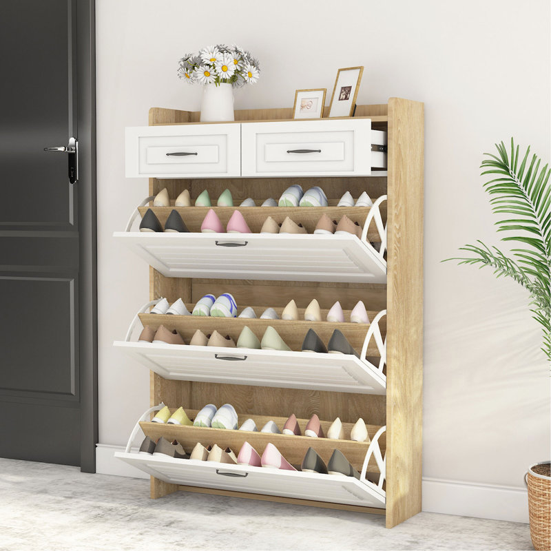Range-chaussures avec 3 portes et 2 tiroirs, grand espace de rangement, Naturel / Blanc