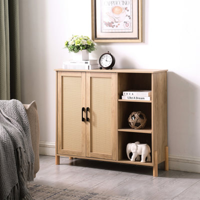 Dual - Door Storage Cabinet With Woven Finish, Open Shelf Areas And Adjustable Arrangement, Suitable For Living Dining Room Decor, 42.2 Lb Package Weight Featuring , Shelves Interior Shelves, 35.4 In
