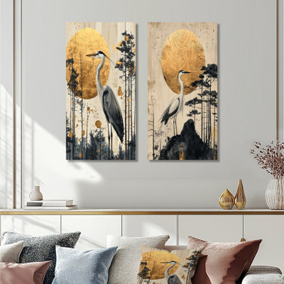 Héritage du lever du soleil à l'encre de chine dorée paysage I - animaux, art mural 2 panneaux