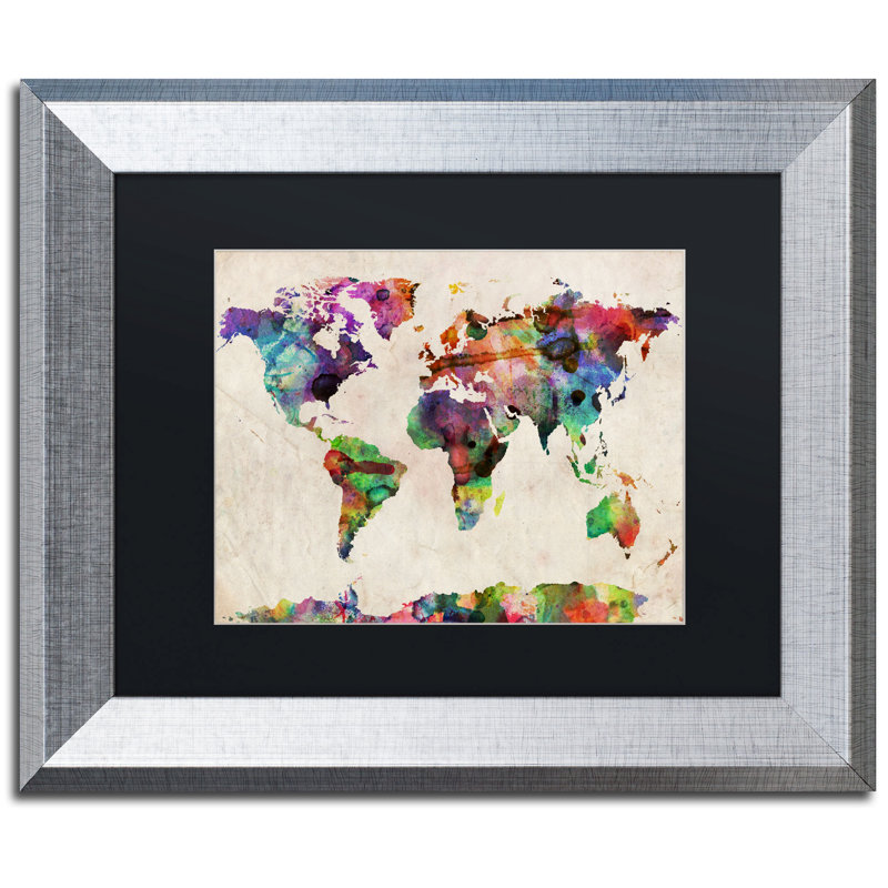 « urban aquarelle world map », impression encadrée sur toile, H 11 po x l 14 po x P 0,5 po