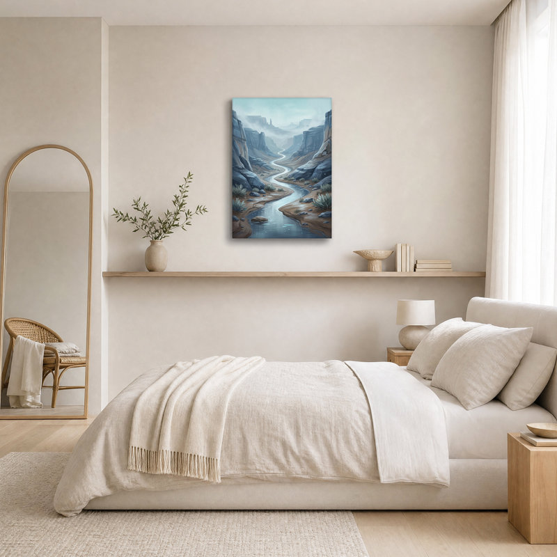«Winding River Through Misty Canyon», art mural, H 30 po x l 20 po