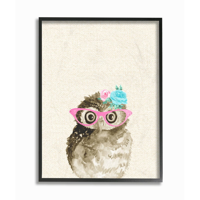 Art mural hibou des bois avec lunettes, H 14 po x l 11 po, Giclée encadrée noir minuit