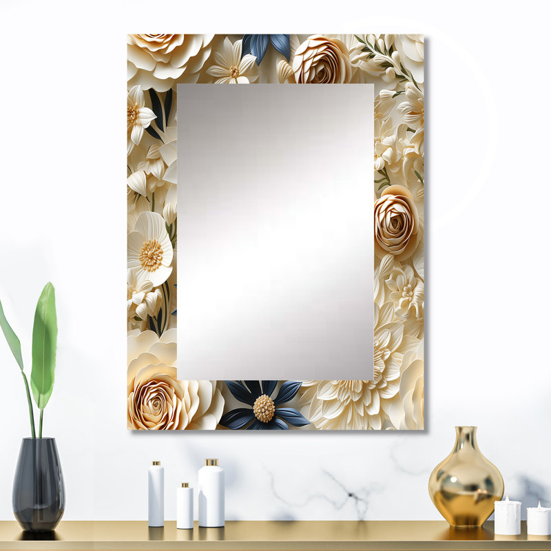 Jackson Cream Lace Botanics - Floral Unique Mirror, Cottage Large Wall Mirror, Printed Metal Art, 32" x 24"