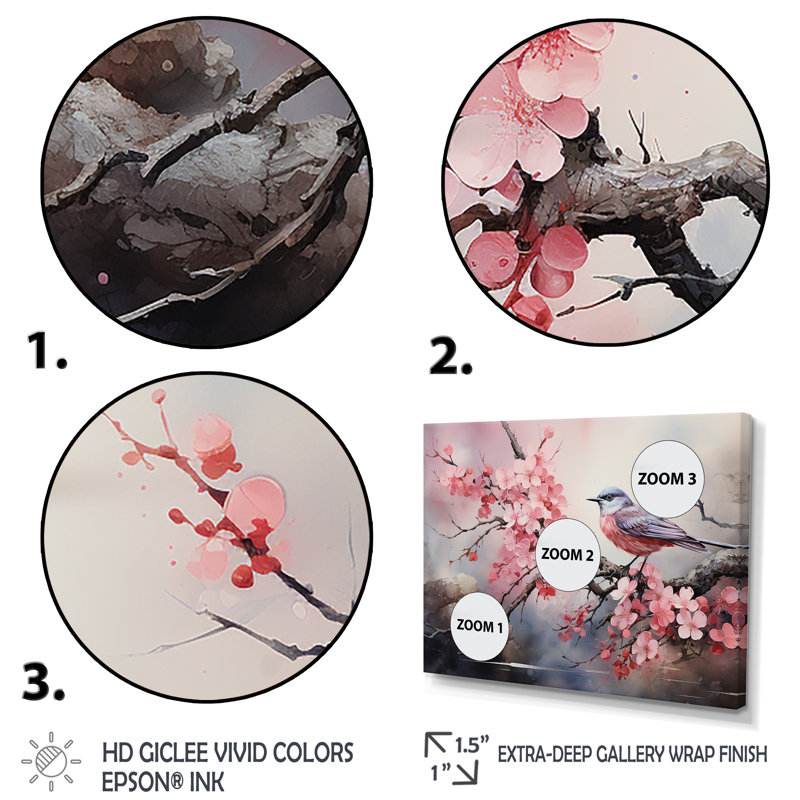 Oiseaux roses et bleus sur un arbre en fleurs de cerisier III - Art mural oiseau, H 24 po x l 32 po x P 1 po